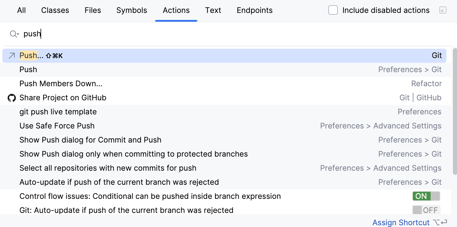 Search for push action Search for push action