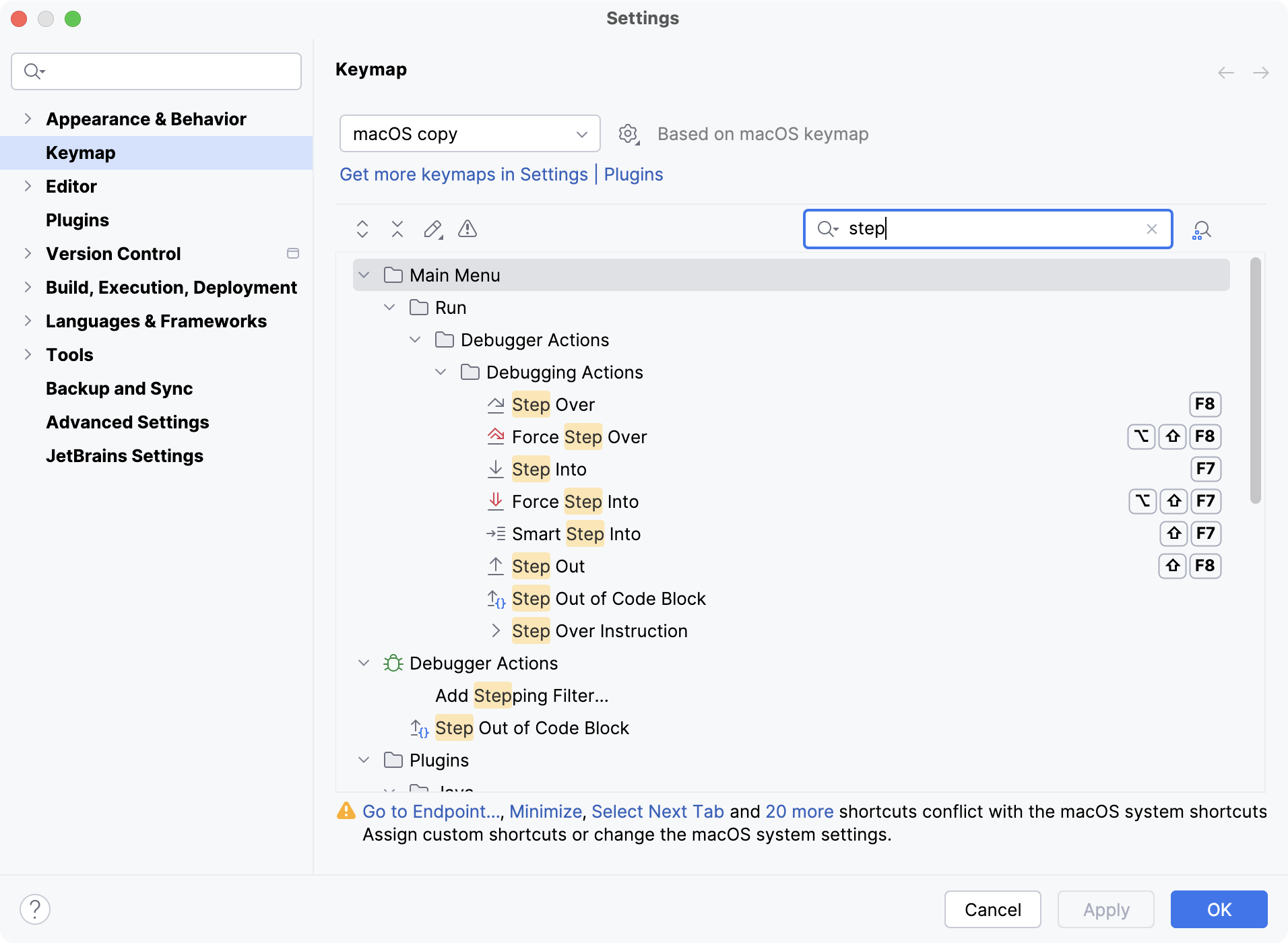 Selected keymap and action in search Selected keymap and action in search