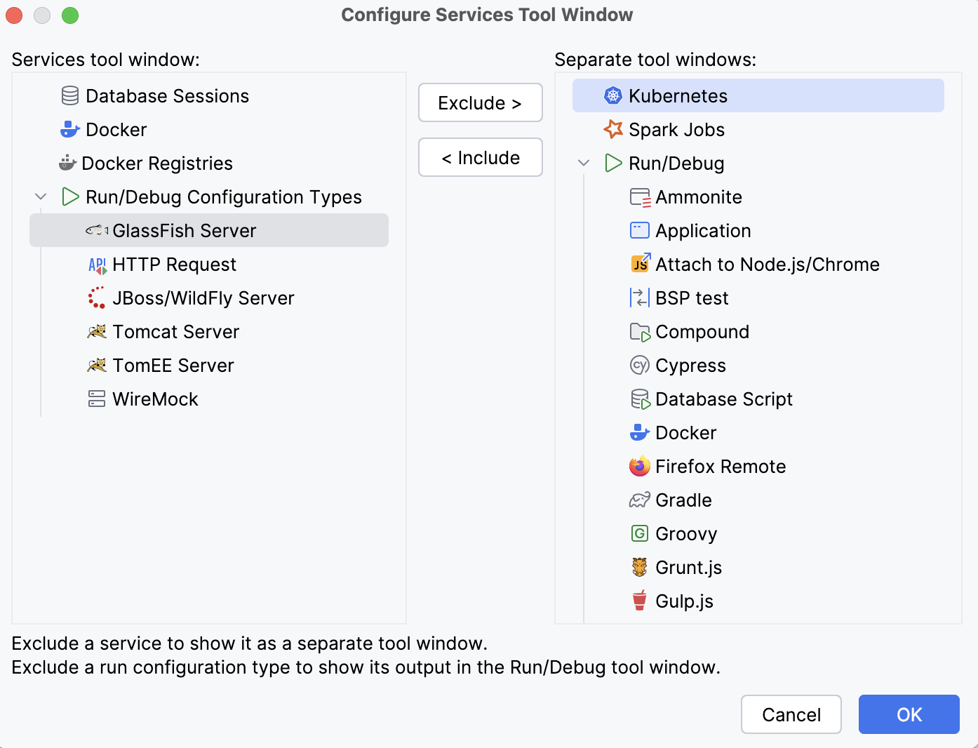 Configure Services tool window Configure Services tool window
