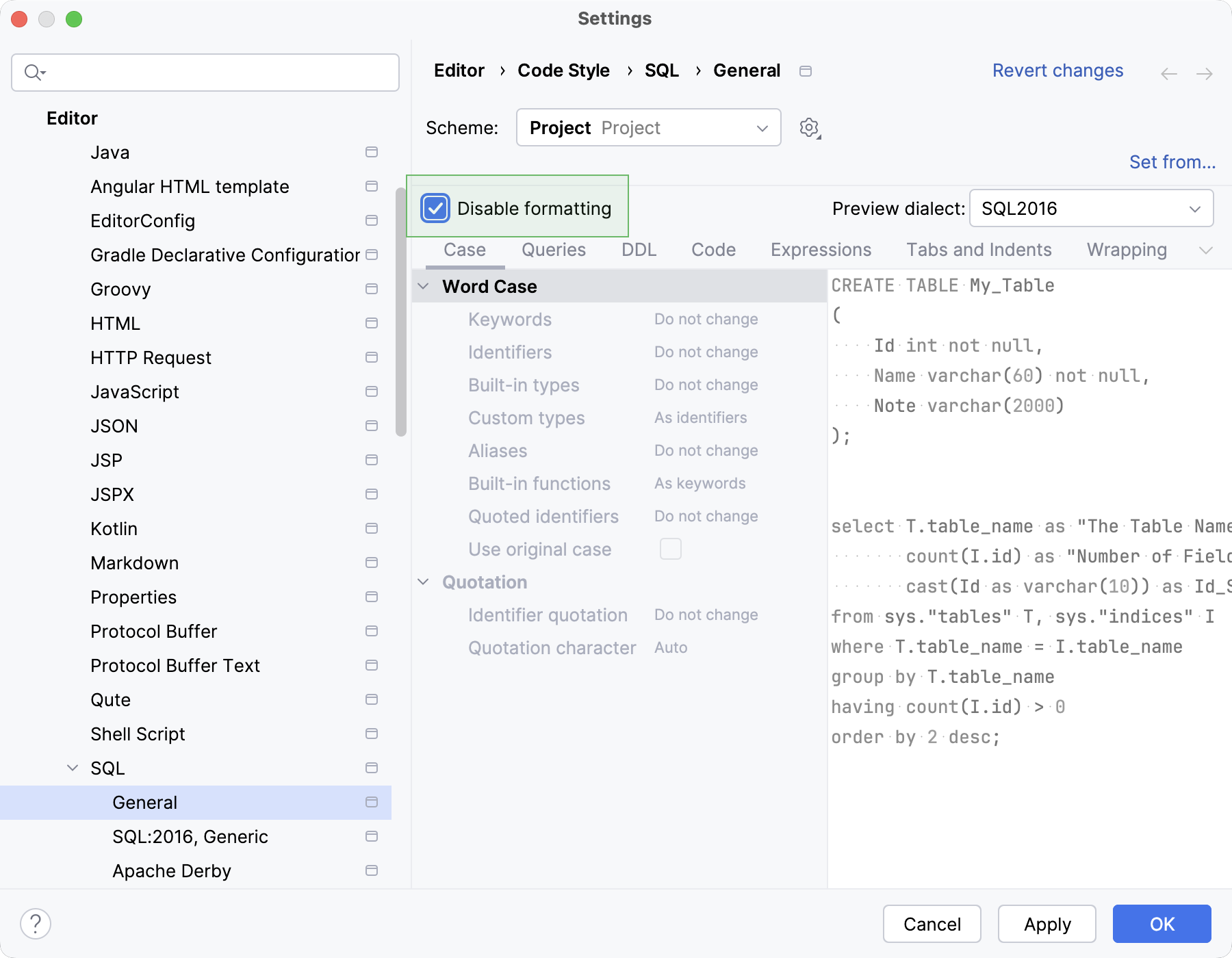 在编辑器中禁用 SQL 格式化 在编辑器中禁用 SQL 格式化