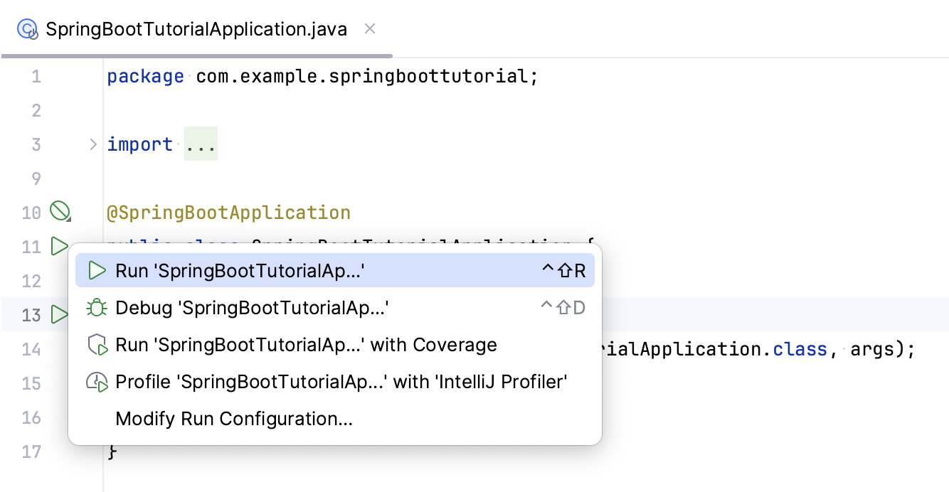 Run Spring Boot application from the gutter Run Spring Boot application from the gutter