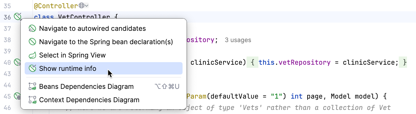 'Show runtime info' option in the menu that appears on clicking a gutter icon near the class definition of a loaded bean