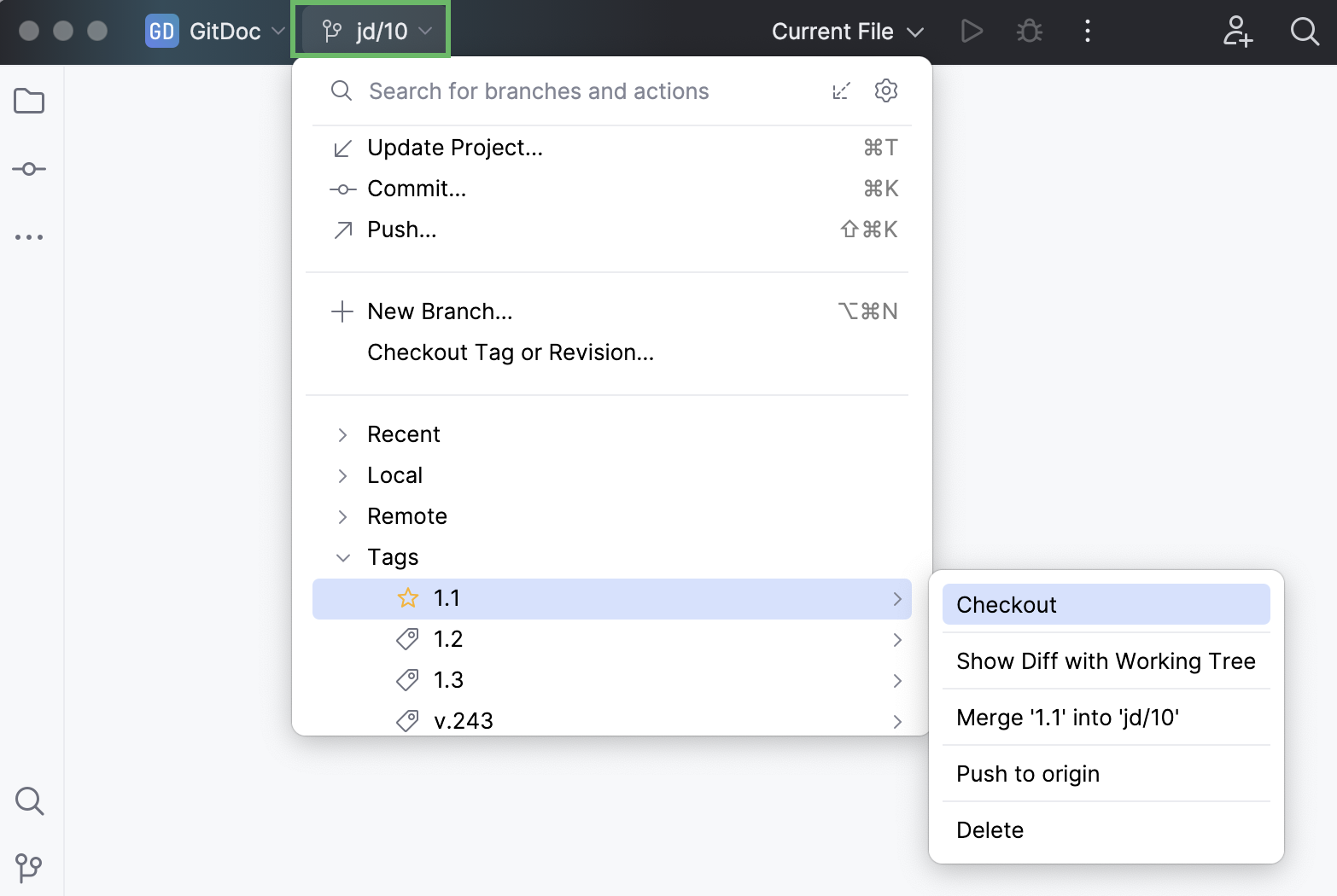 Tags node in the branches popup