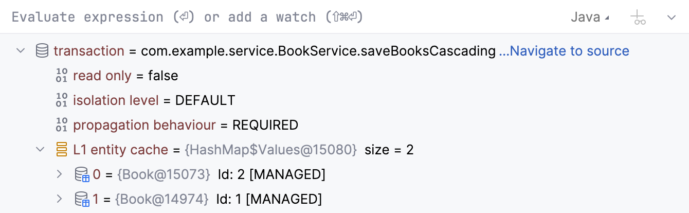 The transaction details in the Variables tab