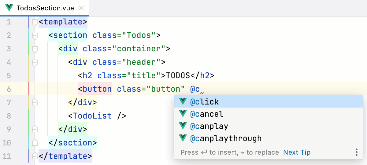 Vue.js:模板标签内部的代码补全