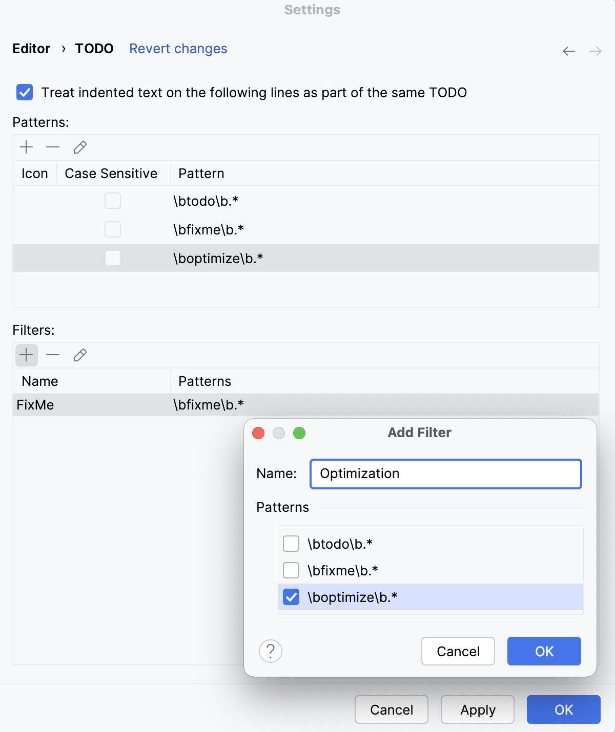The TODO settings dialog
