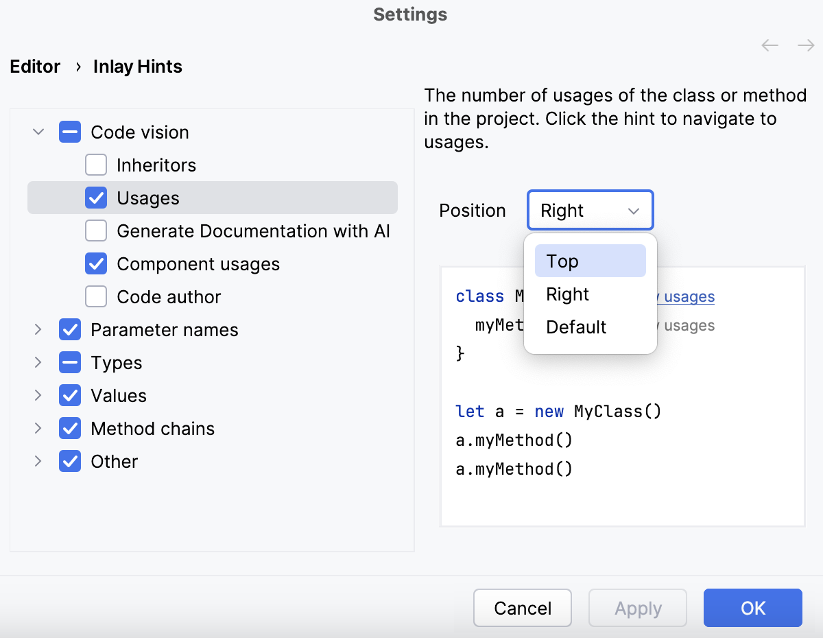 Configure position for inlay hints in the Settings dialog Configure position for inlay hints in the Settings dialog