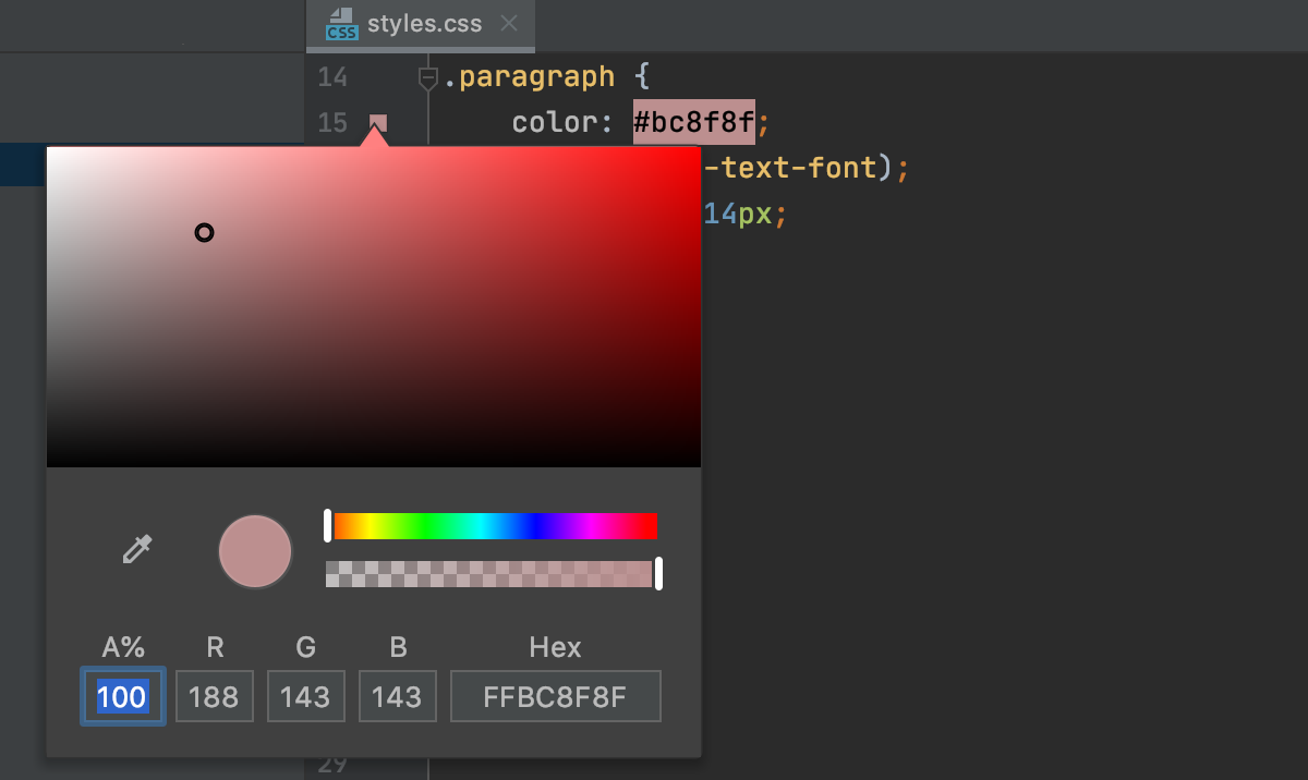 Click color gutter icon to open the color picker Click color gutter icon to open the color picker