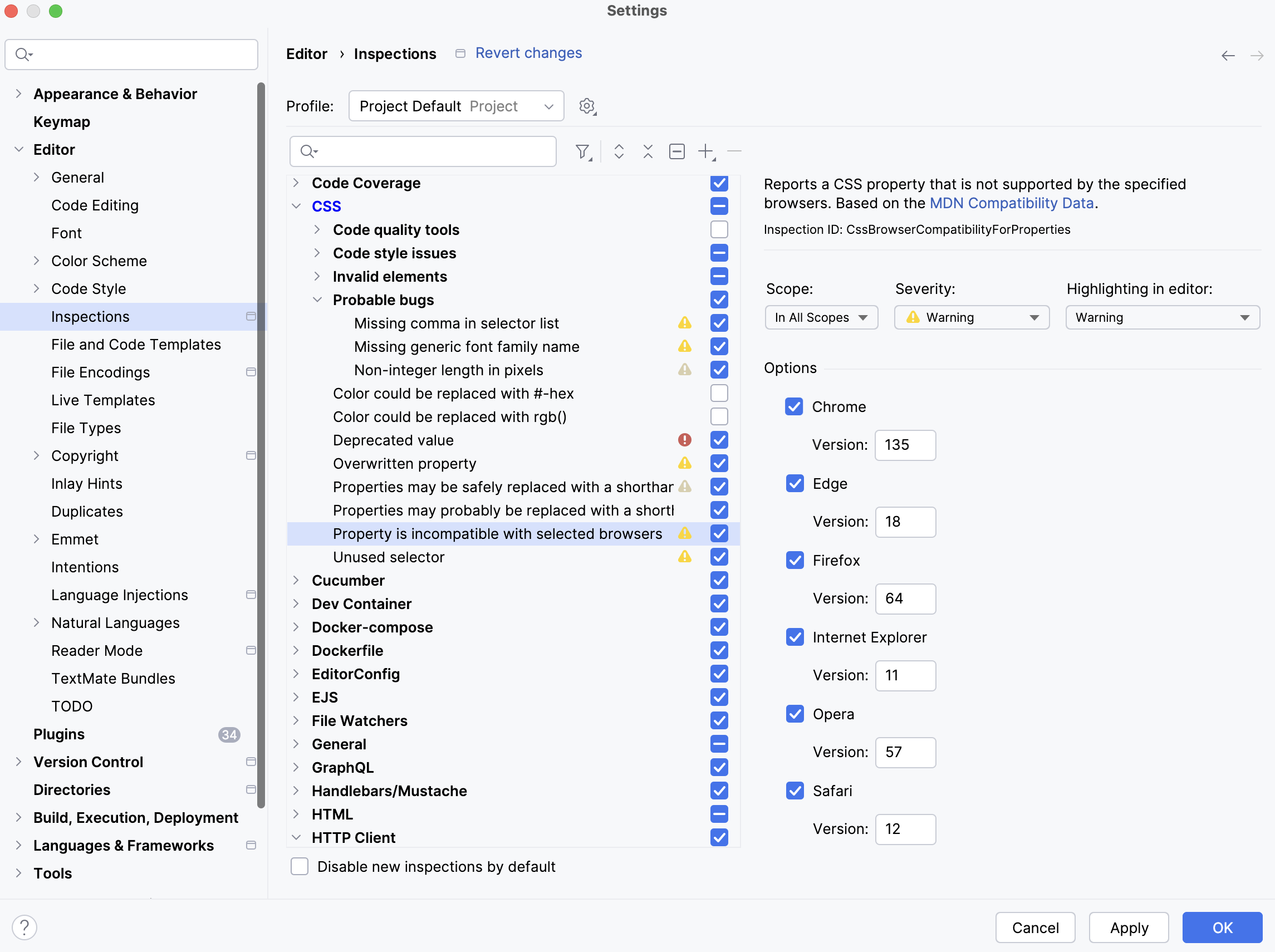 CSS compatibility inspection settings CSS compatibility inspection settings