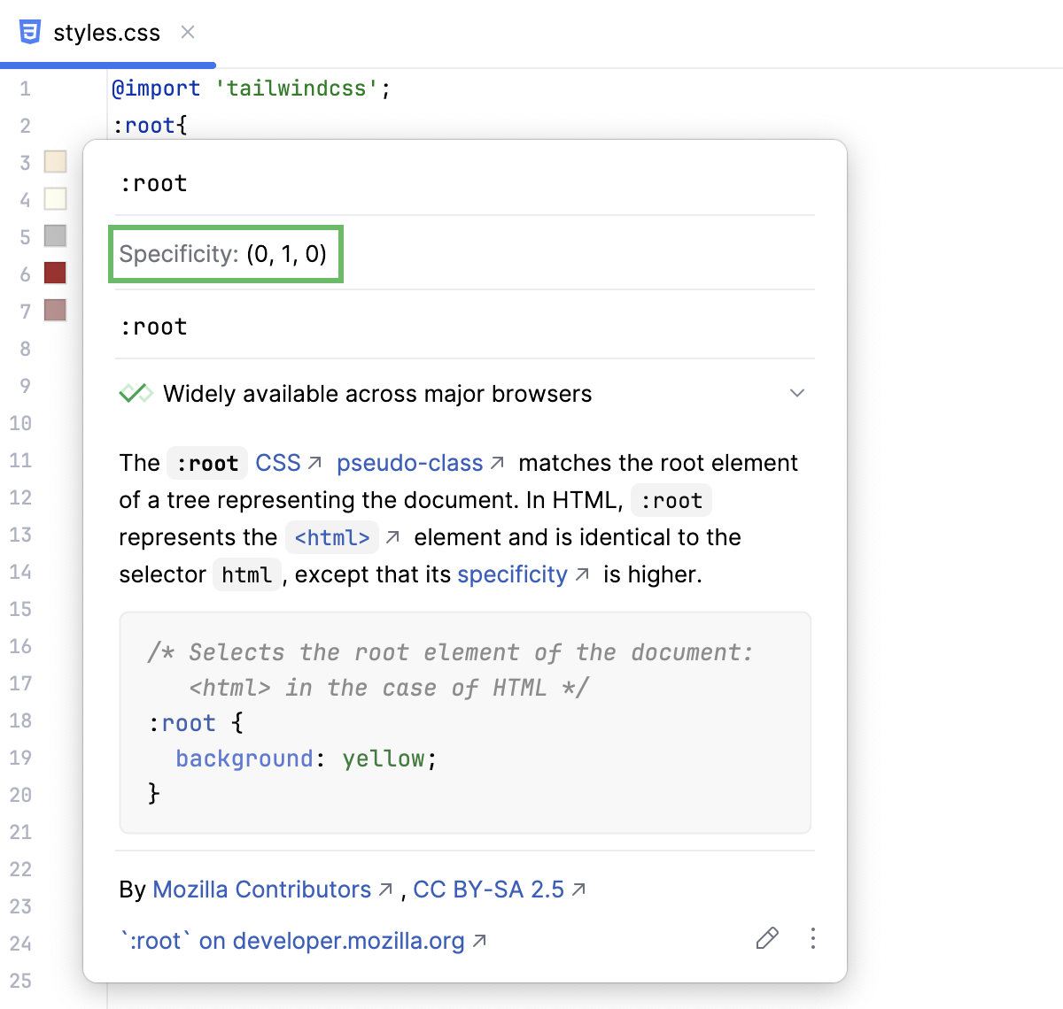 Documentation look-up: specificity fpr selectors Documentation look-up: specificity fpr selectors