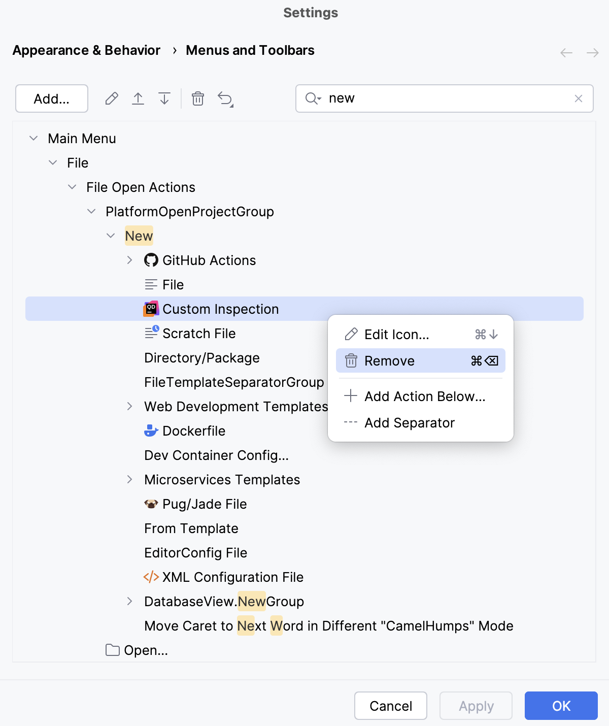 Customizing the New menu