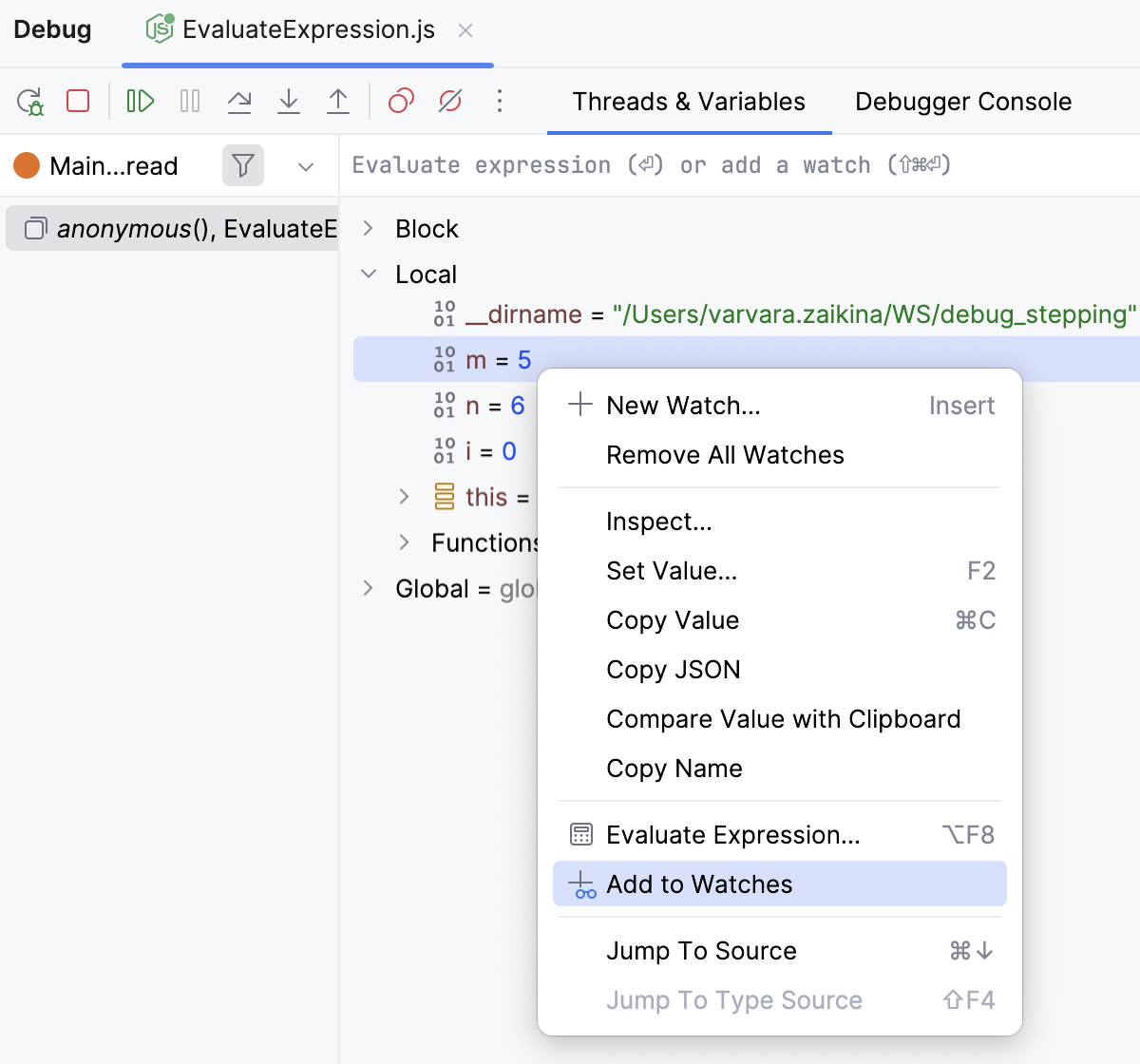 Add a watch from the current context Add a watch from the current context