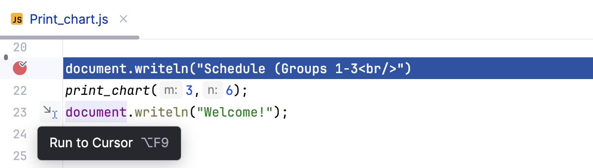 Run to cursor: click line number in the gutter Run to cursor: click line number in the gutter