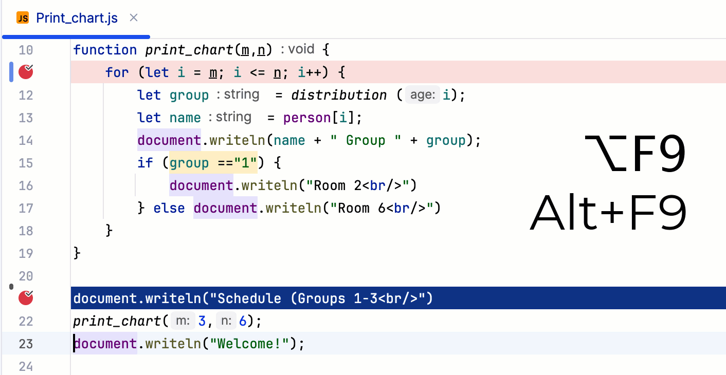 Run to cursor: the debugger stops at the breakpoint in the skipped code