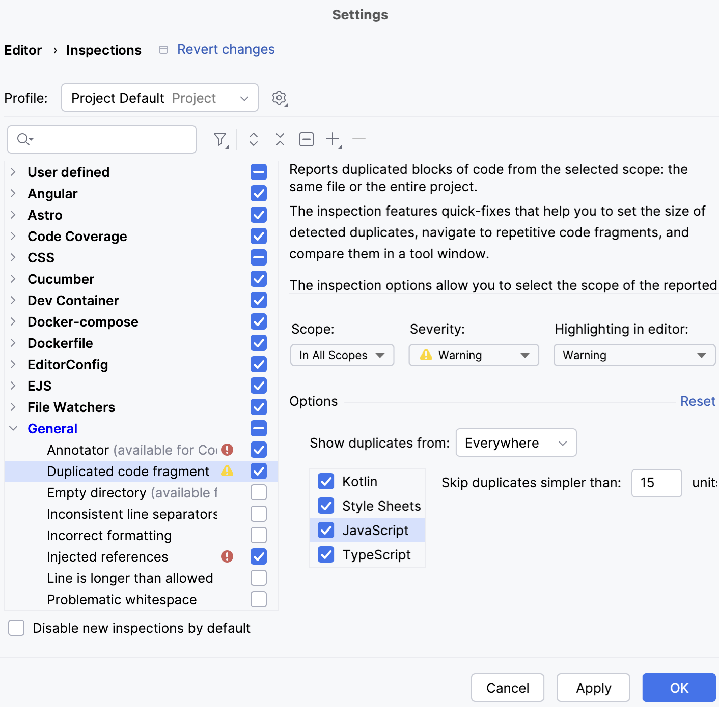 重复代码片段检查设置 重复代码片段检查设置