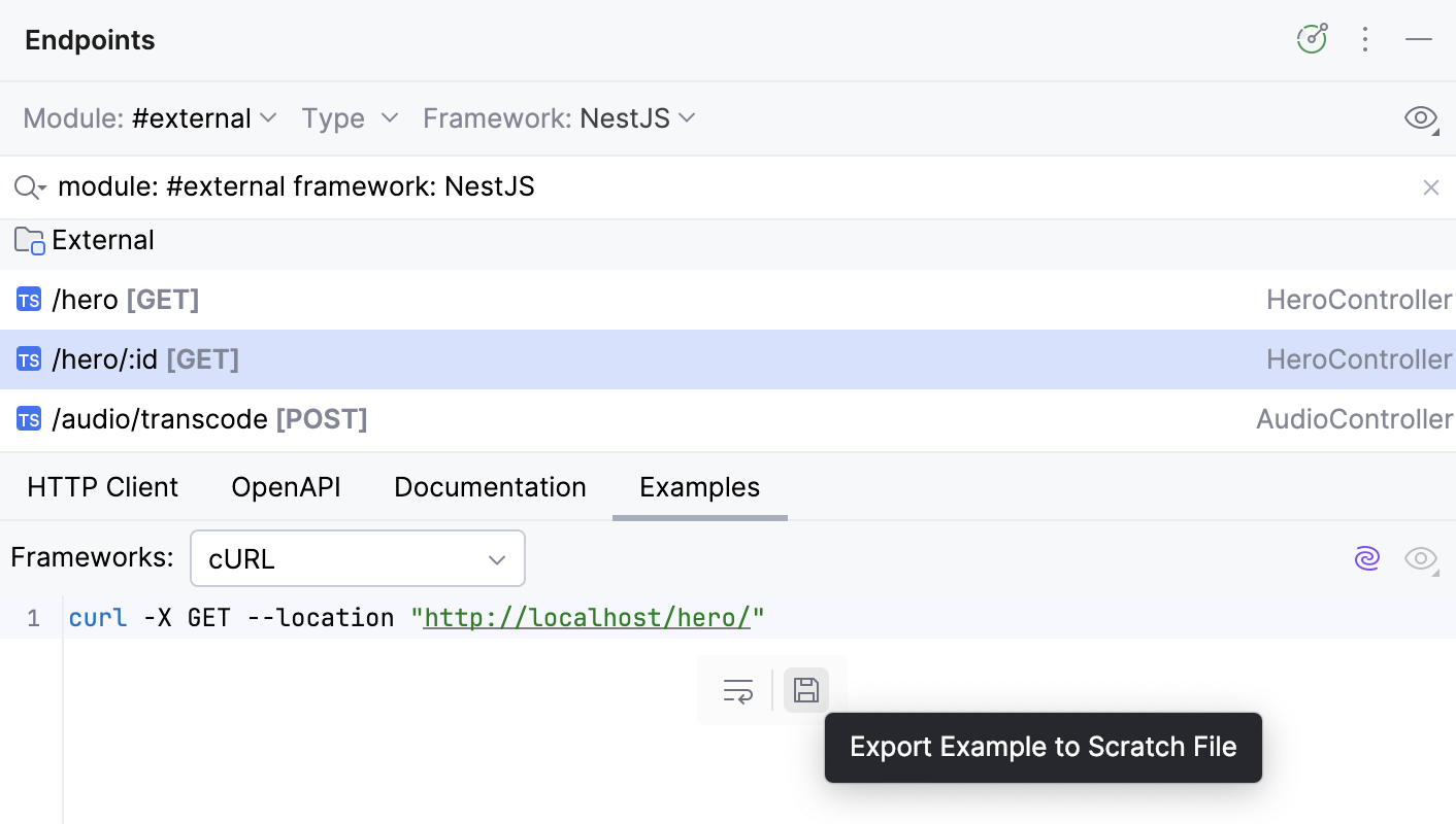 Endpoints tool window: Example tab Endpoints tool window: Example tab