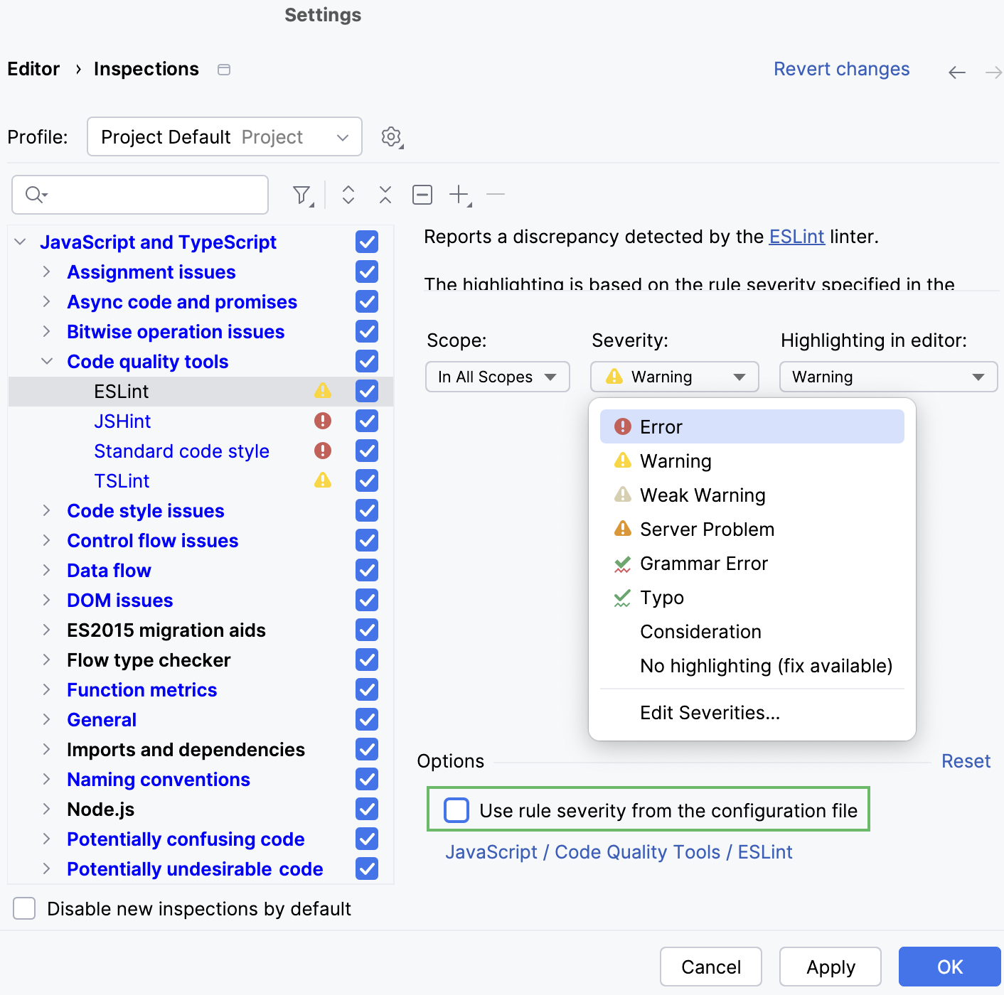Specifying a custom severity level for ESLint Specifying a custom severity level for ESLint
