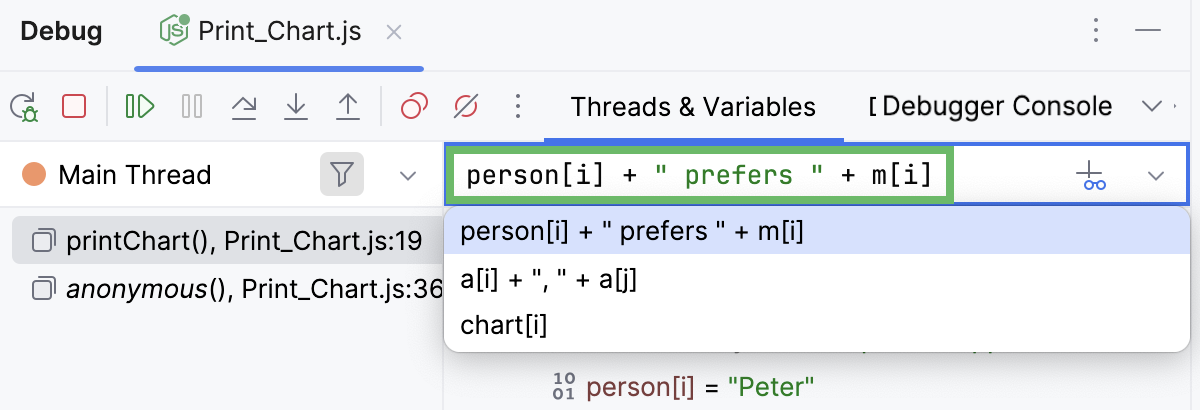 Expression in the Variables tab Expression in the Variables tab