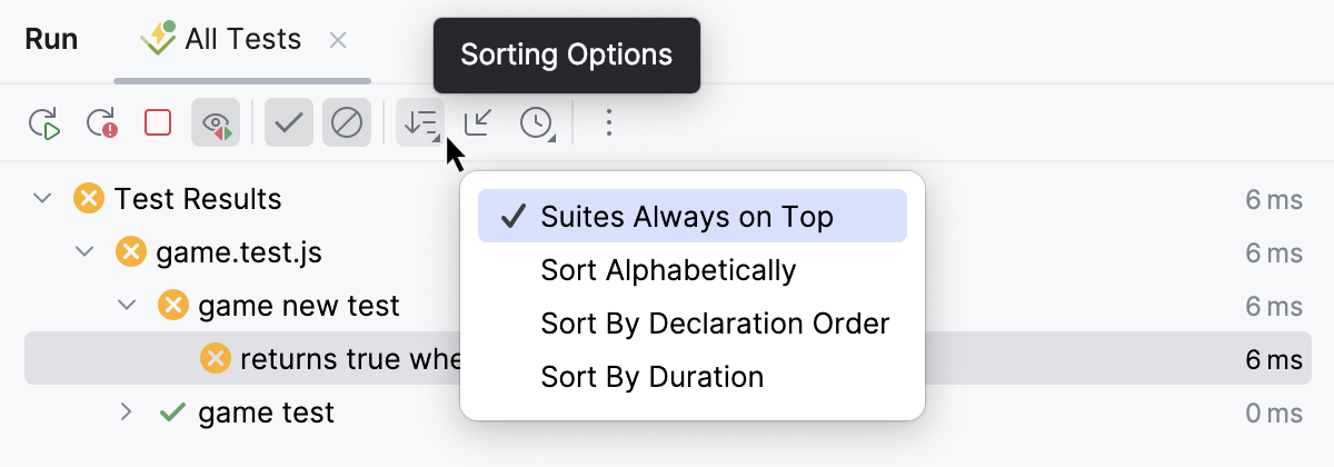 Filter test results options in the tests results toolbar