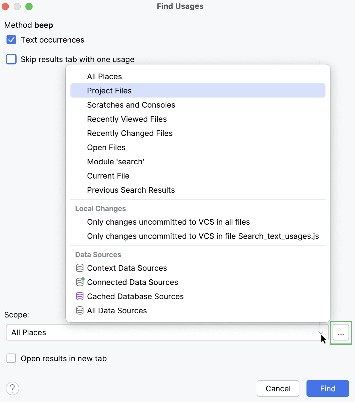 Find Usages dialog (settings for Find Usages) Find Usages dialog (settings for Find Usages)
