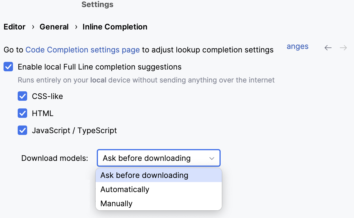 Download model for full line completion