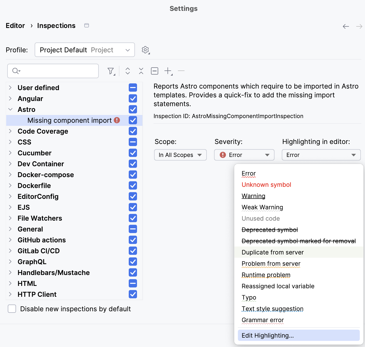 Selecting severity level for an inspection