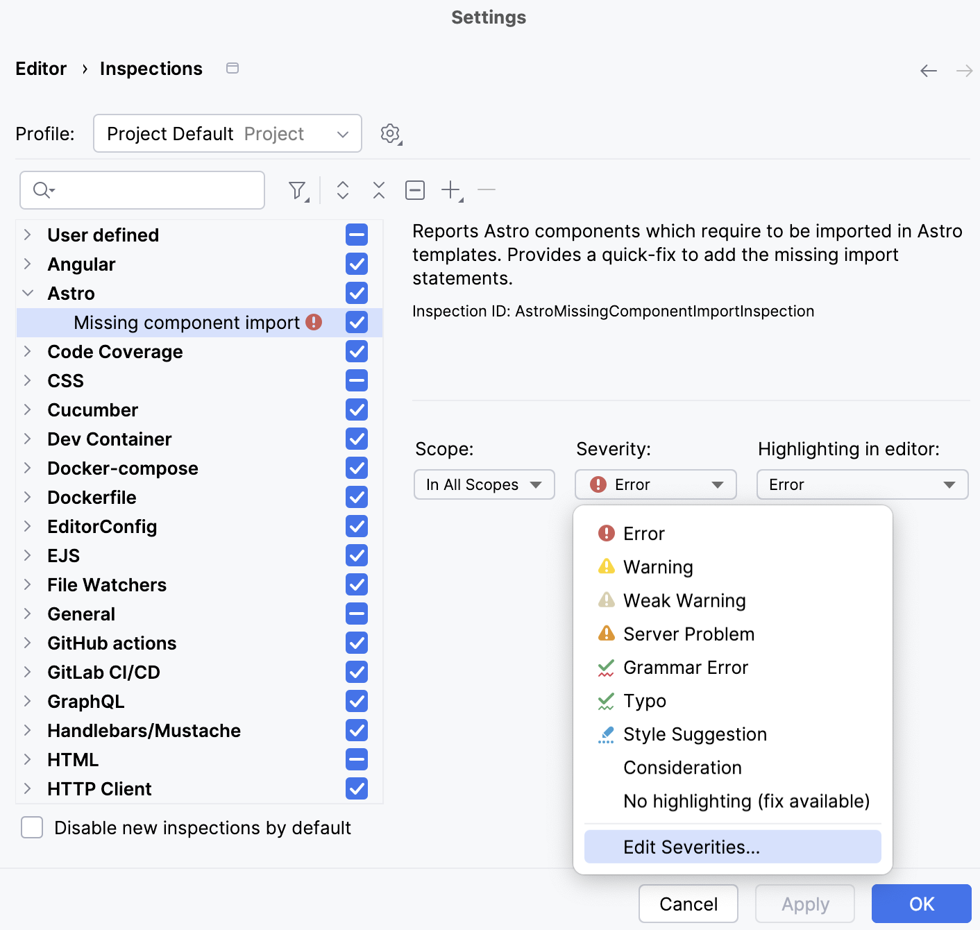 Selecting severity level for an inspection