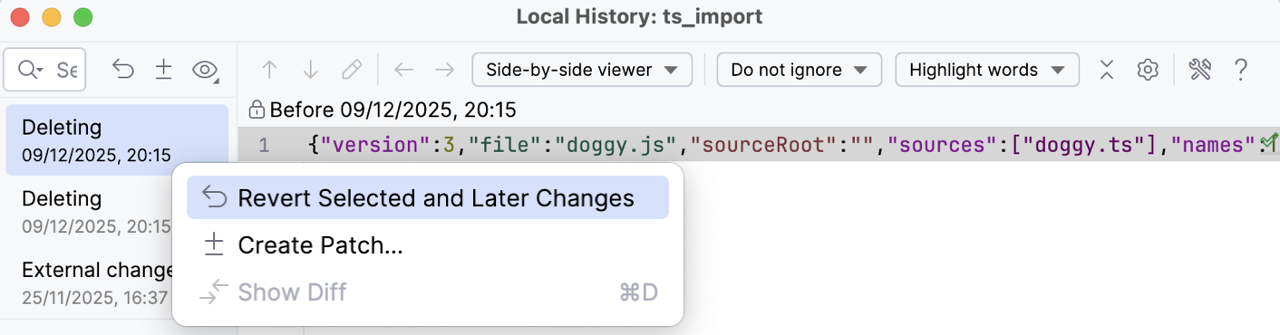 Restore file from Local History Restore file from Local History
