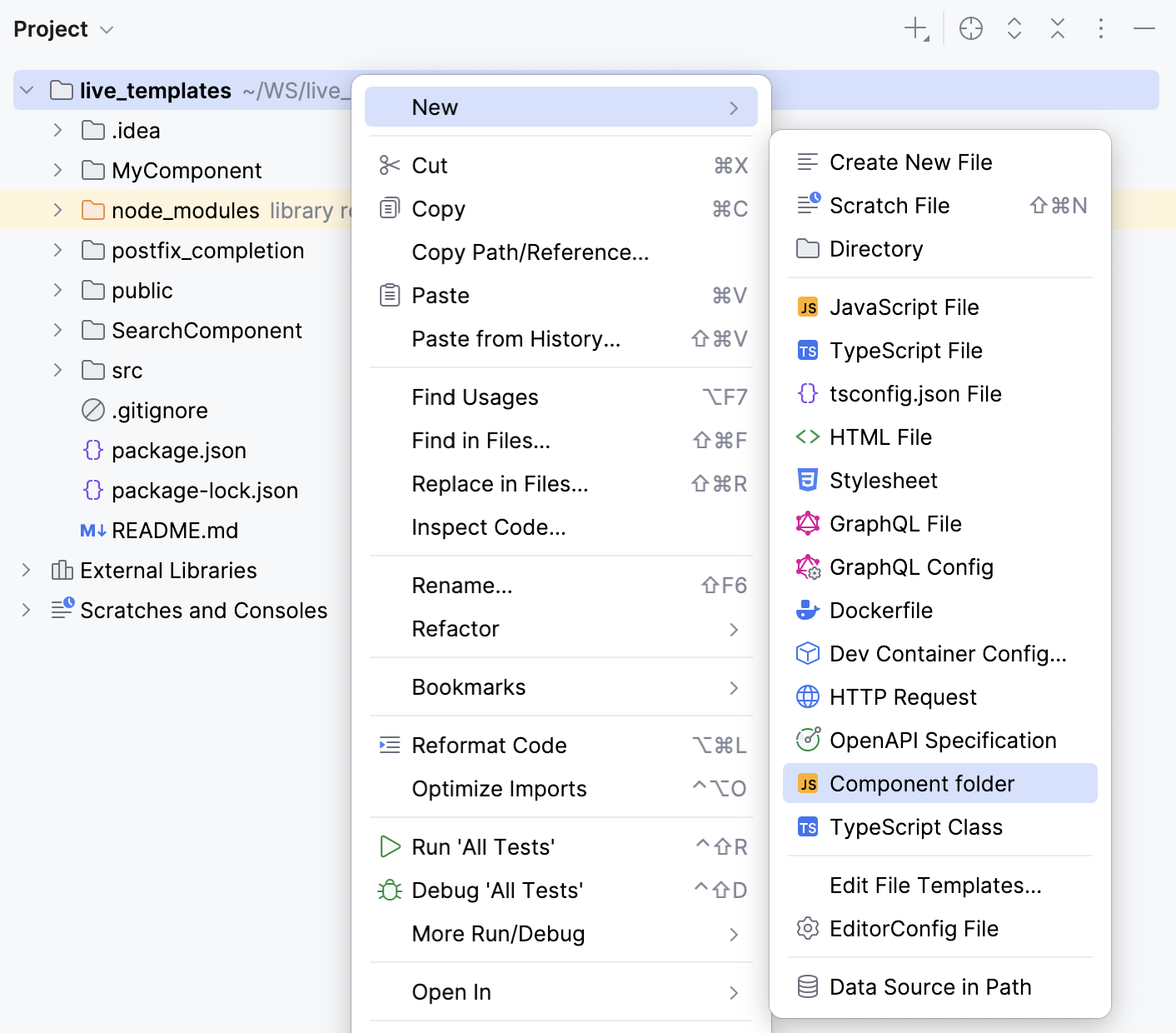 Create a component from a multiple files template in a separate folder