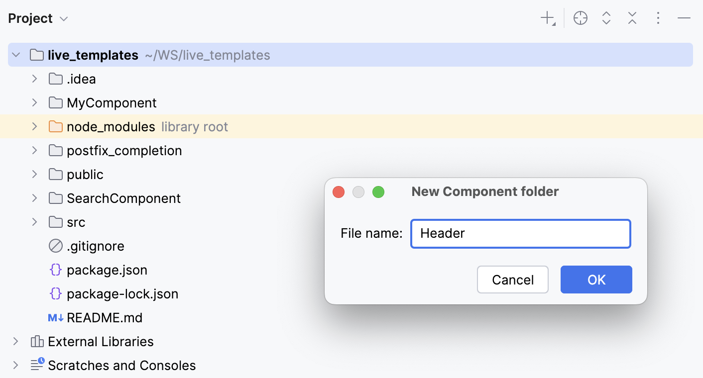 Create a component from a multiple files template in a separate folder — specify the folder name
