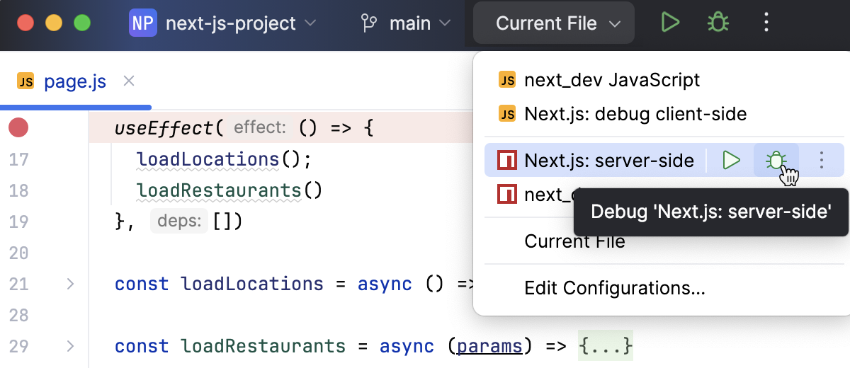 Start debugging the server-side code of a Next.js app via a run/debug configuration Start debugging the server-side code of a Next.js app via a run/debug configuration