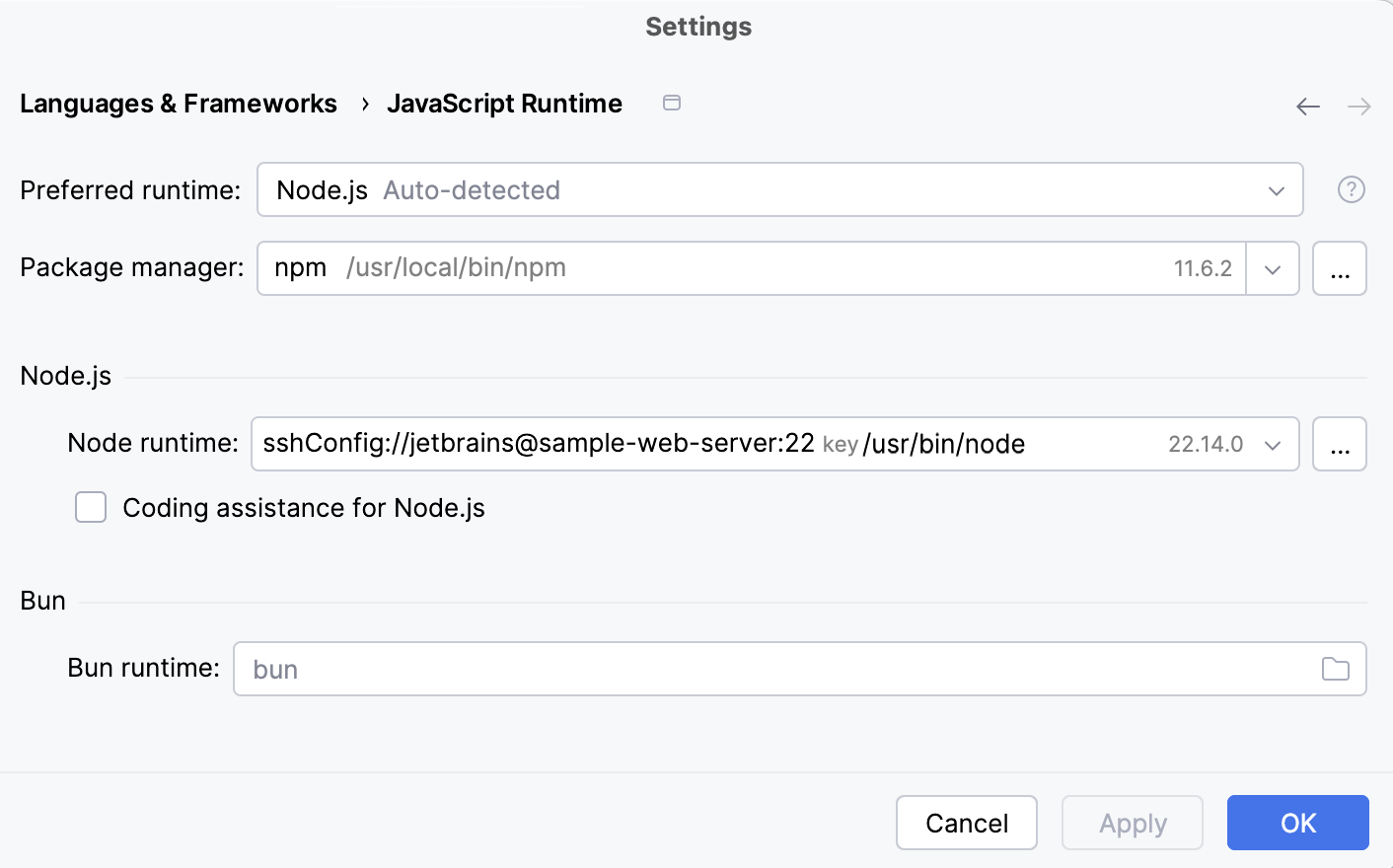 通过 SSH 配置 Node.js 运行时:设置为项目默认解释器 通过 SSH 配置 Node.js 运行时:设置为项目默认解释器