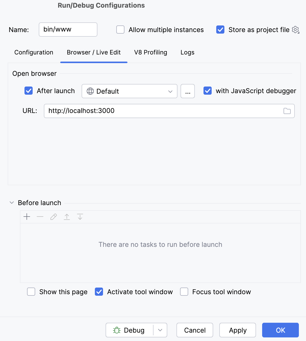 Node.js 运行/调试配置：浏览器/实时编辑选项卡
