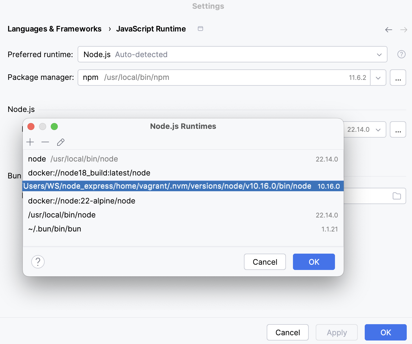 Remote Runtimes dialog: the new Node.js runtime in a Vagrant environment added to the list Remote Runtimes dialog: the new Node.js runtime in a Vagrant environment added to the list