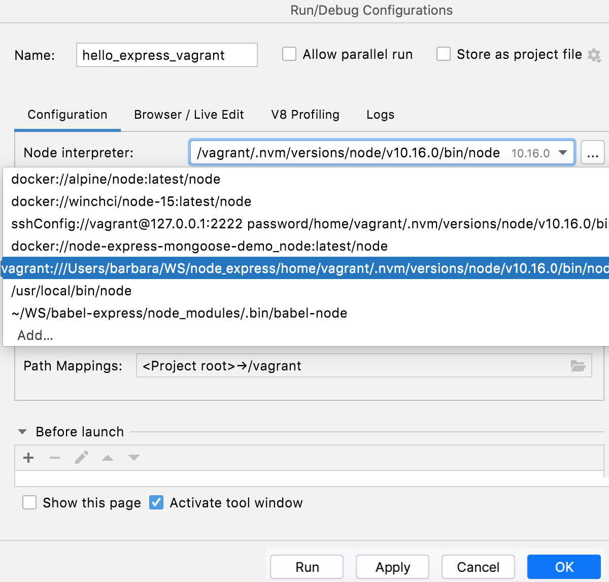 Node.js with Vagrant: run/debug configuration, select interpreter Node.js with Vagrant: run/debug configuration, select interpreter