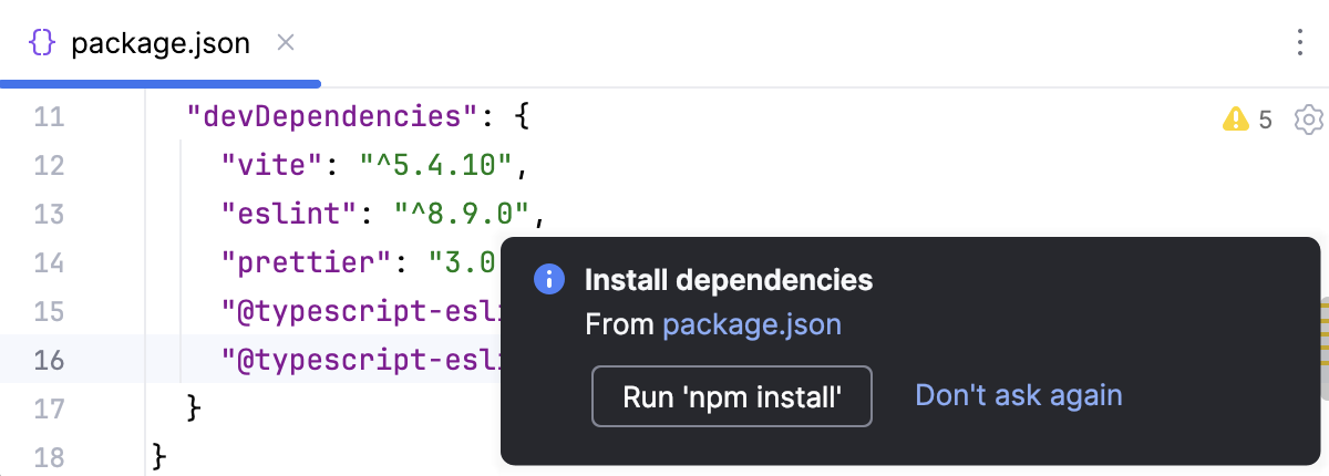 安装依赖项弹出窗口