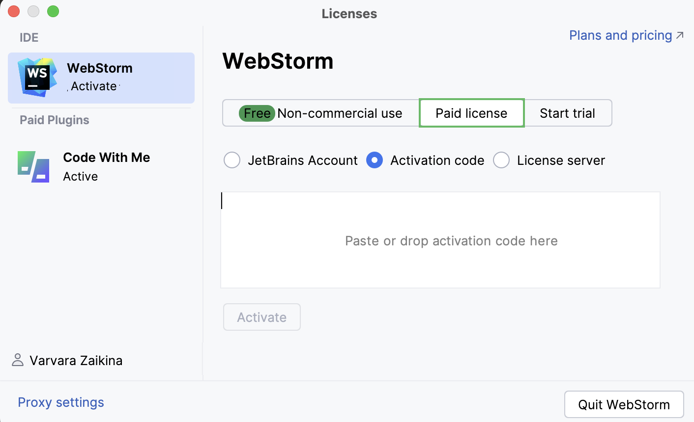 Activate WebStorm license with an activation code Activate WebStorm license with an activation code