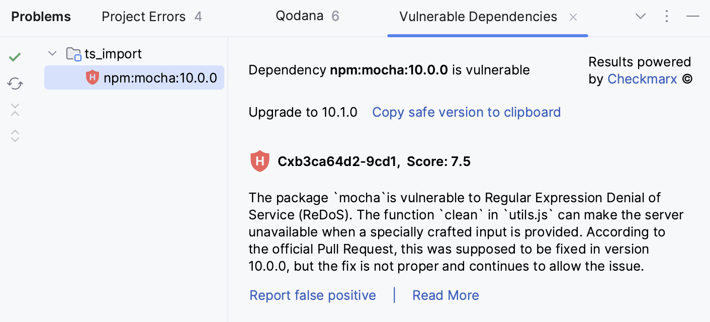 Problems tool window: Vulnerable Dependencies tab Problems tool window: Vulnerable Dependencies tab