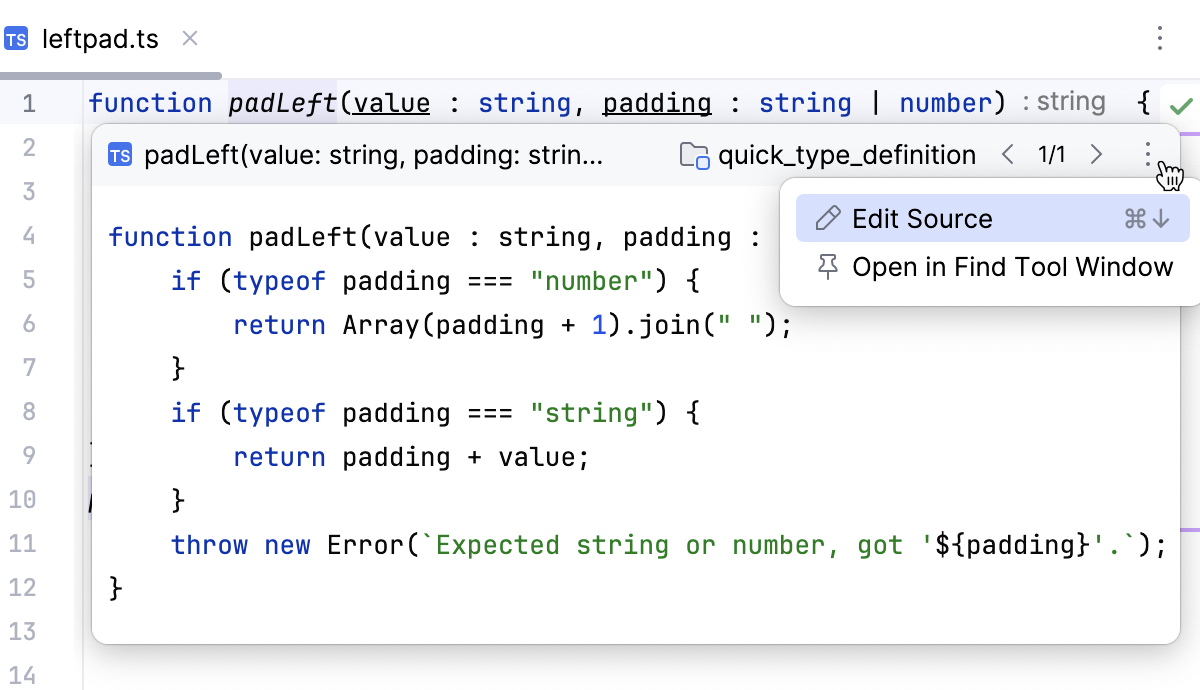 Quick definition popup: the More (Options) icon on the toolbar Quick definition popup: the More (Options) icon on the toolbar