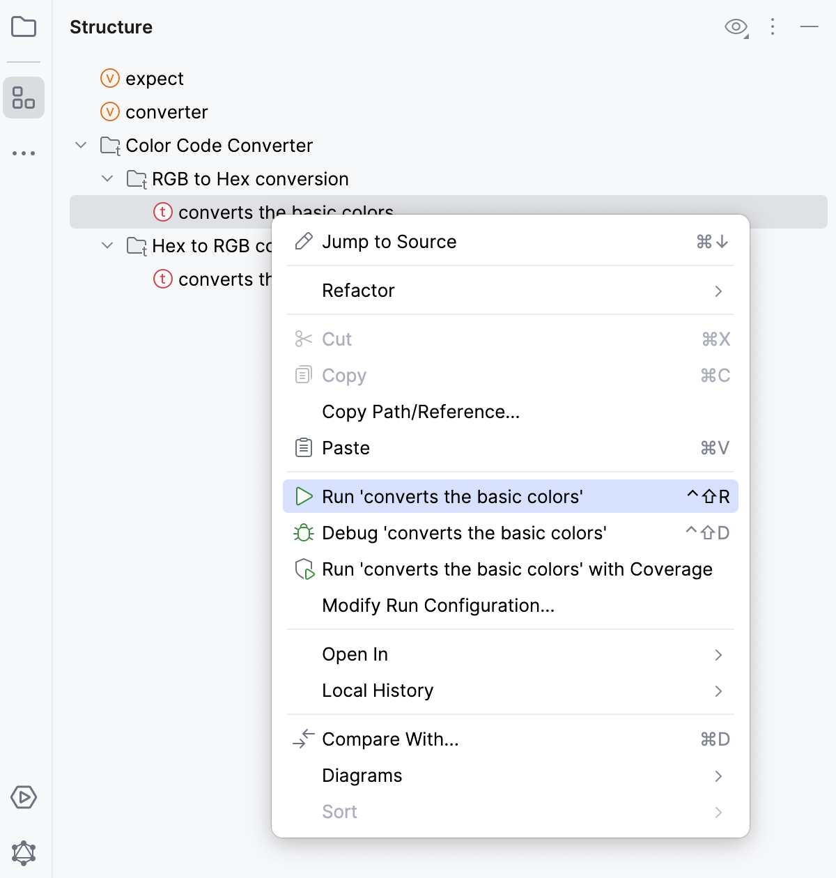 Run a test from the Structure tool window Run a test from the Structure tool window