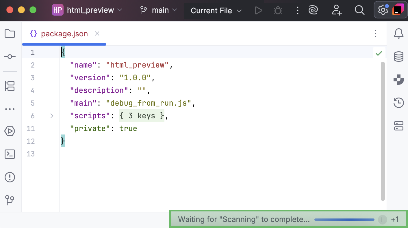 Waiting for scanning to complete in the lower-right corner of WebStorm