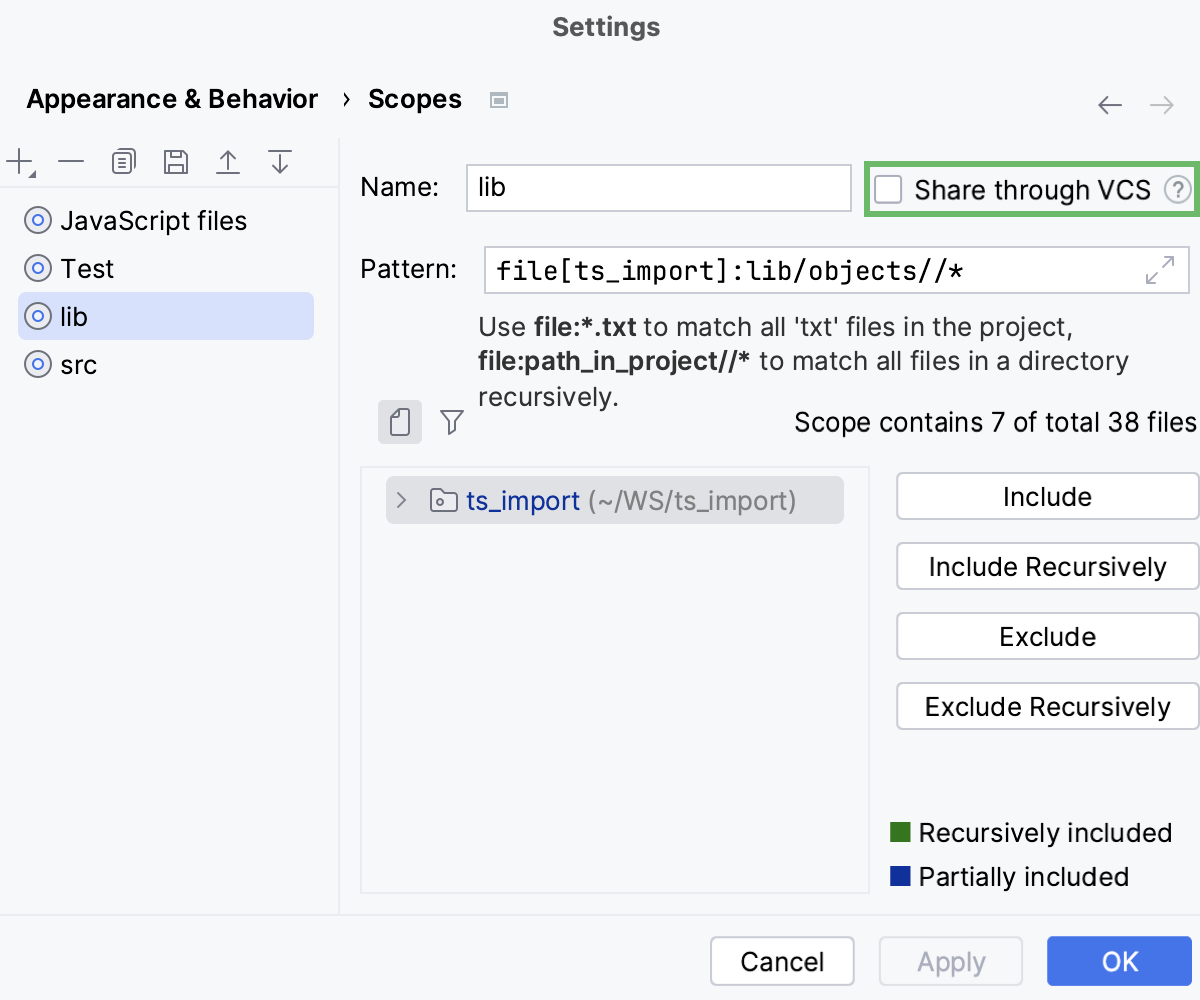 Change the state of a scope with the Share through VCS checkbox