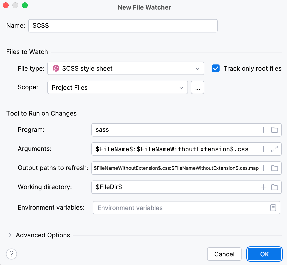 SCSS File Watcher: settings SCSS File Watcher: settings