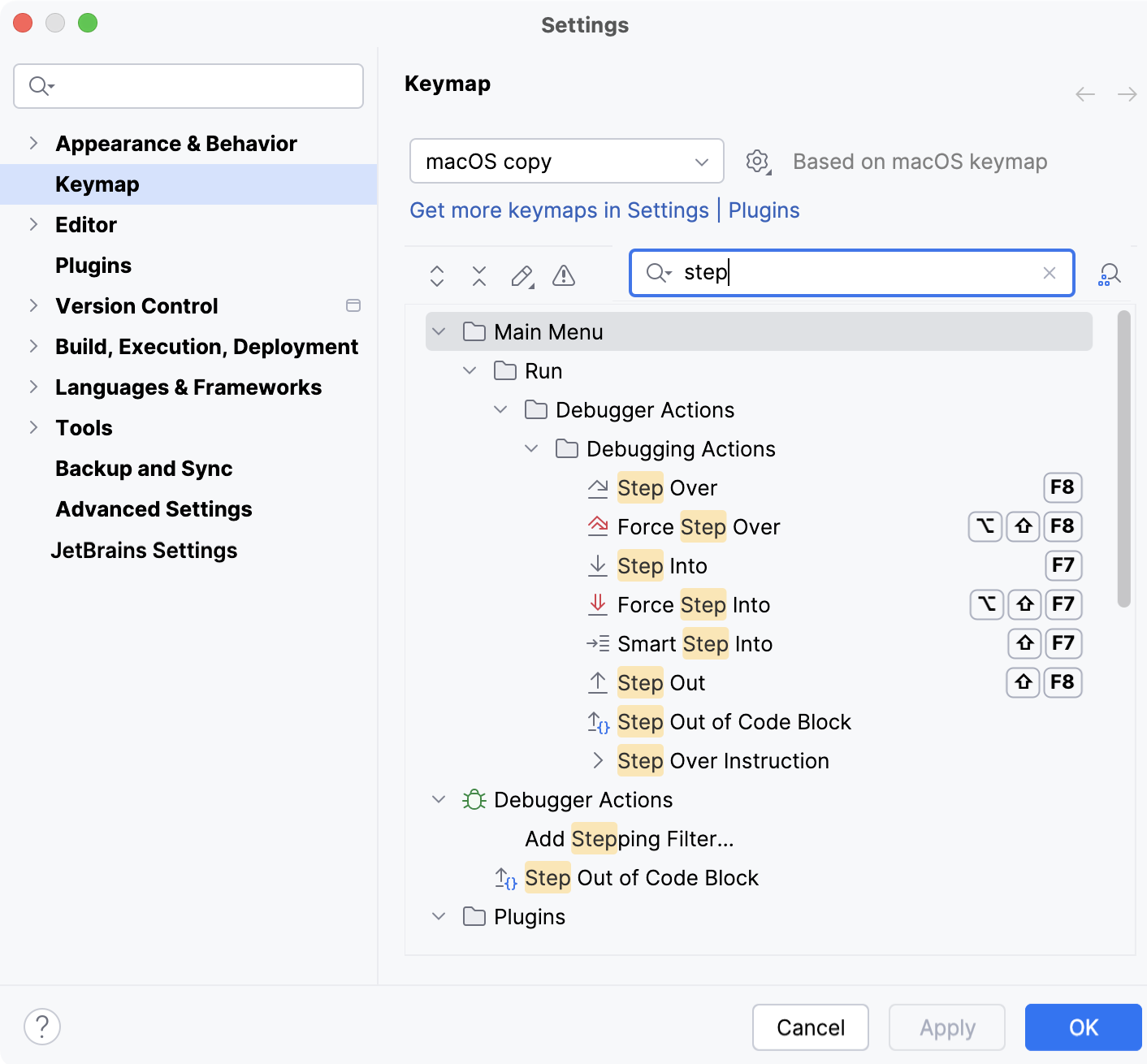 Selected keymap and action in search