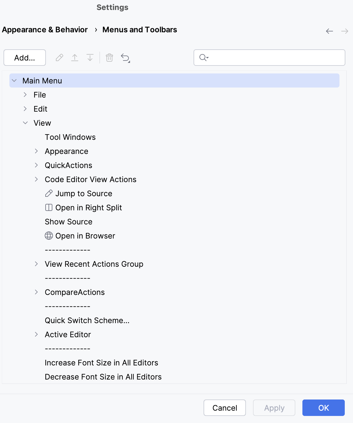 The Menus and Toolbars settings The Menus and Toolbars settings