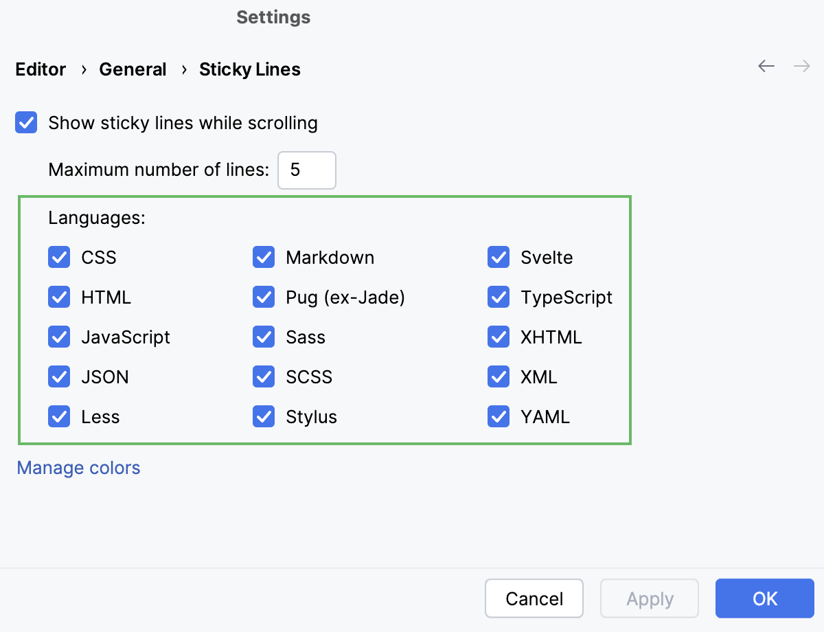 Disable sticky lines for specific language Disable sticky lines for specific language