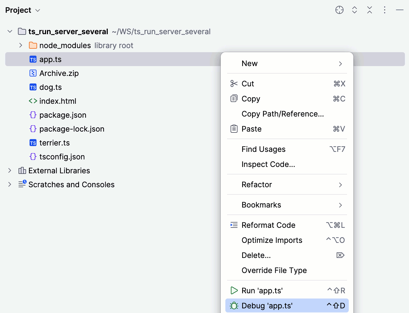 在“项目”工具窗口中运行服务端 TypeScript