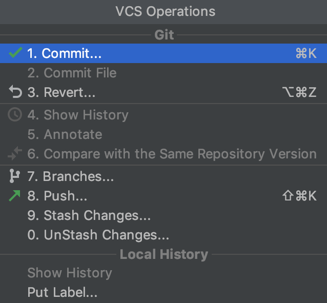 VCS operations popup: a VCS is enabled VCS operations popup: a VCS is enabled