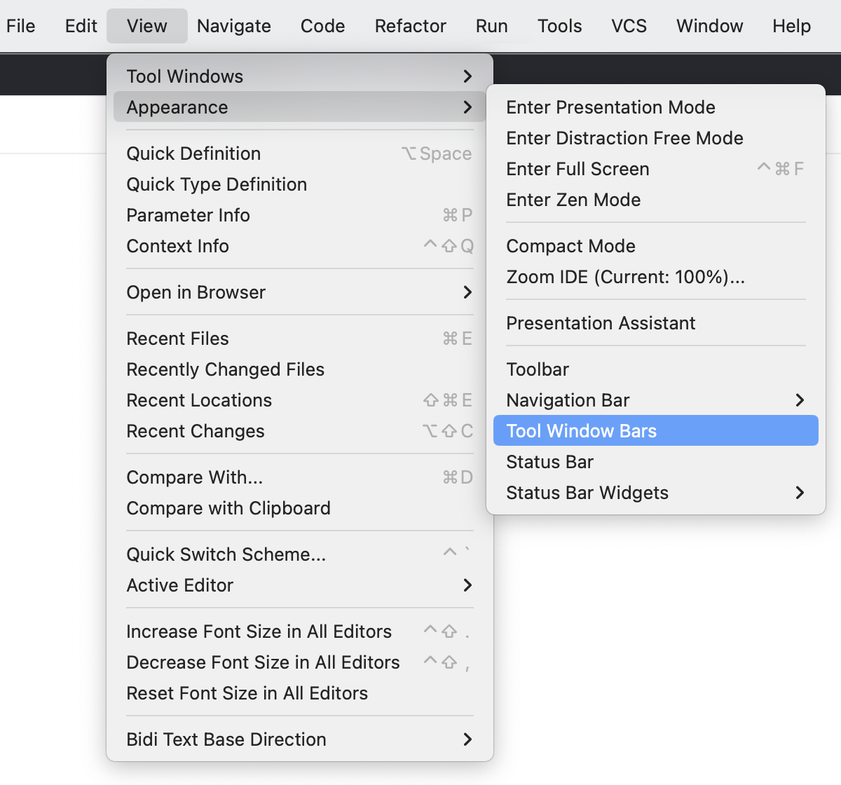 The View | Appearance menu The View | Appearance menu