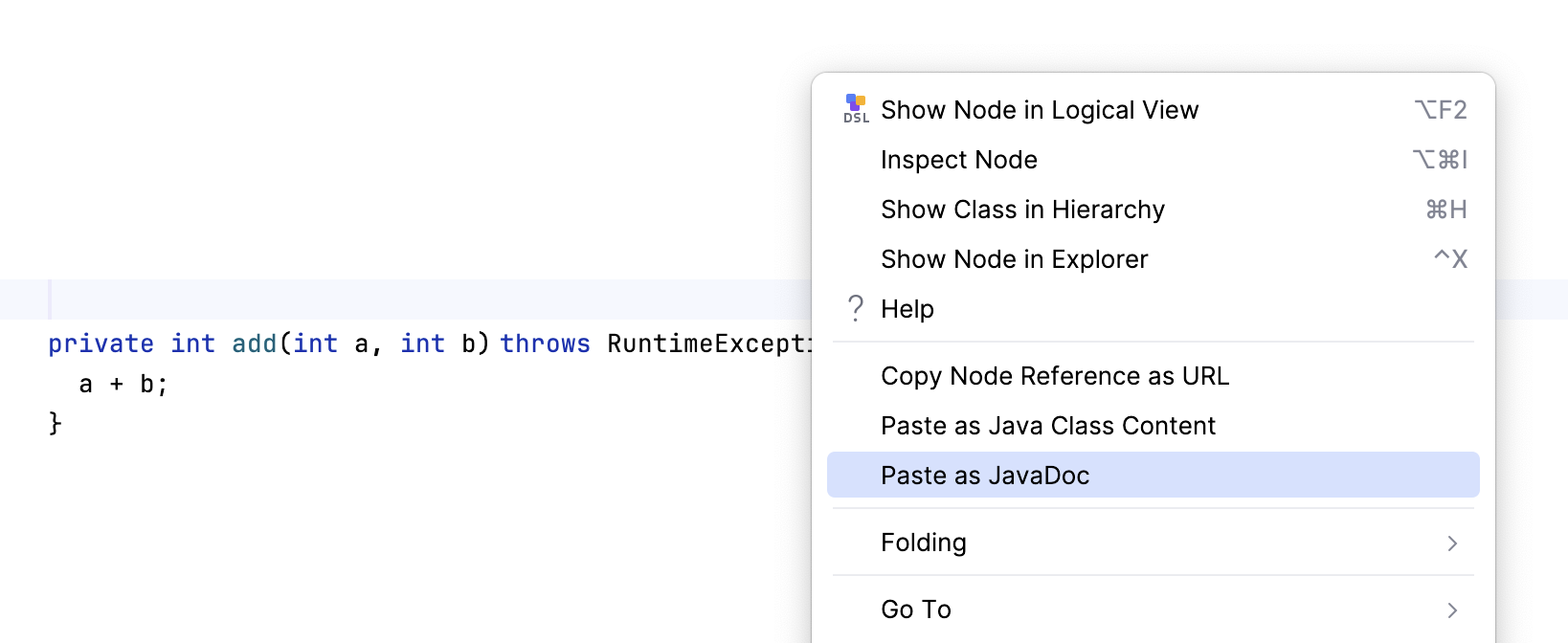 A popup menu with the BaseLanguage's paste actions